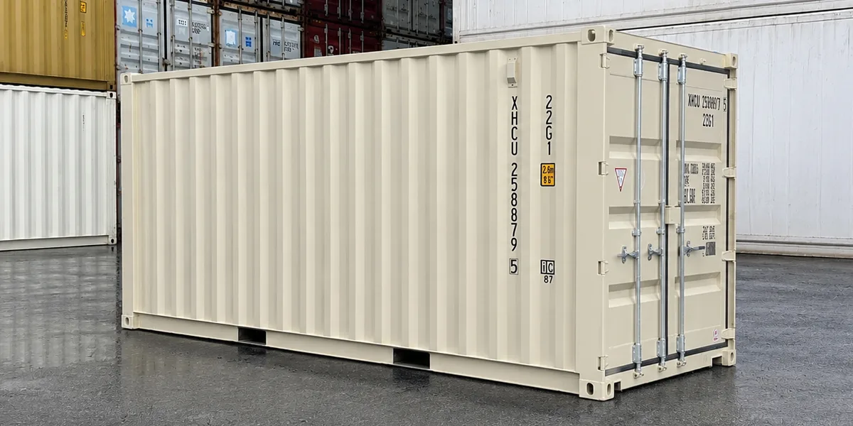 Tan 20ft shipping container for sale at Conway's yard in Richmond, BC