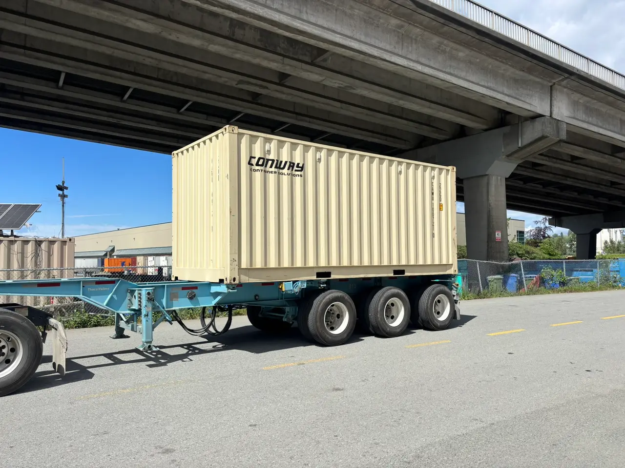 Conway open-side 20ft shipping container loaded on a delivery trailer in British Columbia