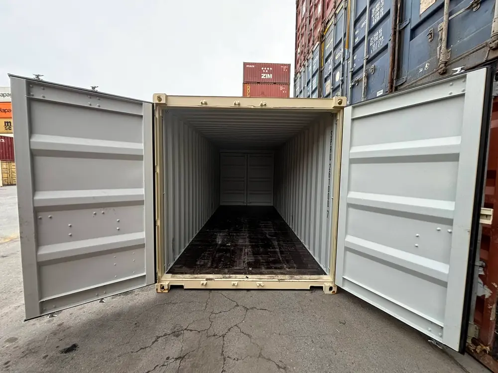Doors open on a wind- and water-tight 20ft container — clean, dry interior for storage in Coquitlam, BC